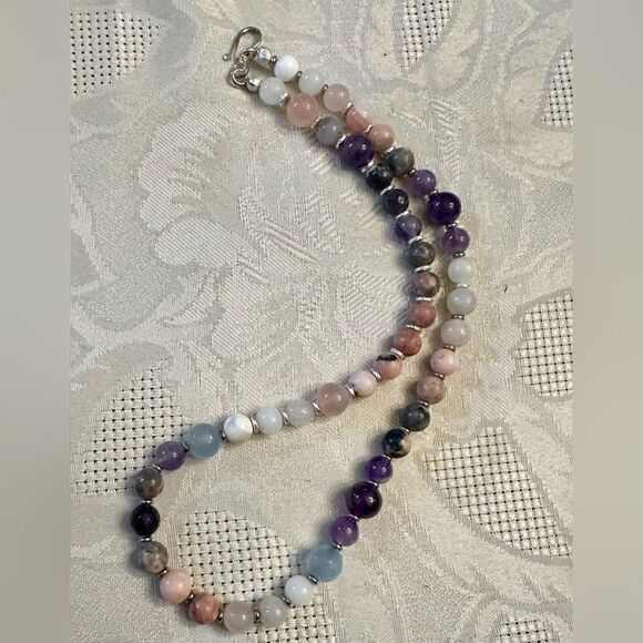 Purple & Earthy Genuine Gemstone Handmade Necklace Amethyst Opal Rhodonite - Picture 4 of 6